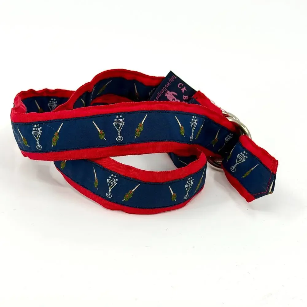 CK Bradley Navy Red Martini Olive Print Ribbon D-Ring Belt